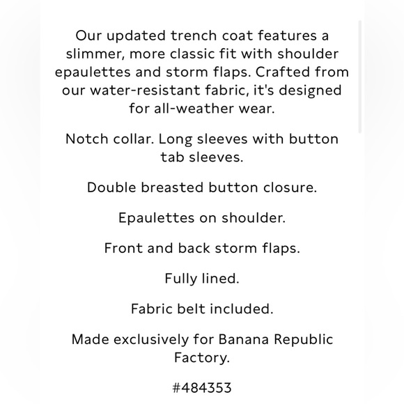 BANANA REPUBLIC TIMELESS TRENCH COAT - Picture 5 of 5